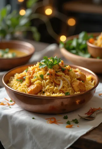 Biryani med kyckling, dekorerad med färsk koriander och mynta