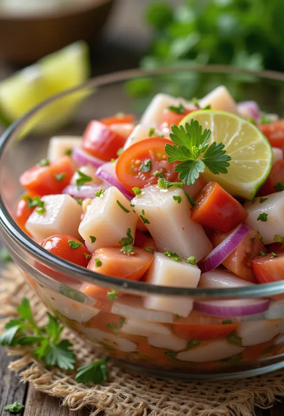 Klassisk ceviche med lime, fisk, avokado och tomat