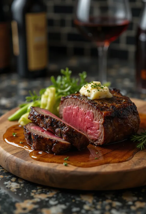 Chateaubriand steak, serverad med ångade grönsaker och smör