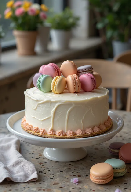 Tårta dekorerad med macarons i flera färger
