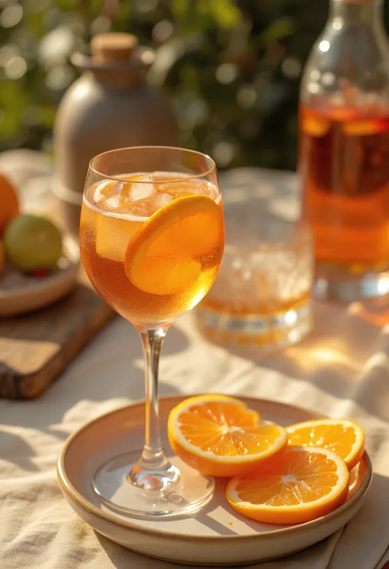 Apelsin Aperol cocktail serverad med apelsinskiva och is