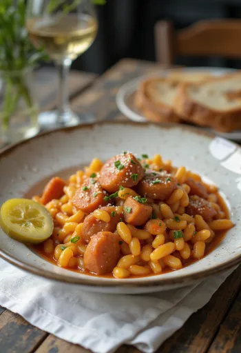 Herdens tarhonya med rökt korv och potatis, strösslad med färsk persilja