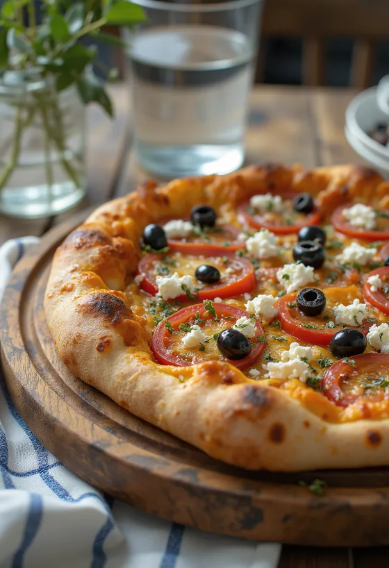 Pizza Greca med fetaost, svarta oliver och färsk tomat