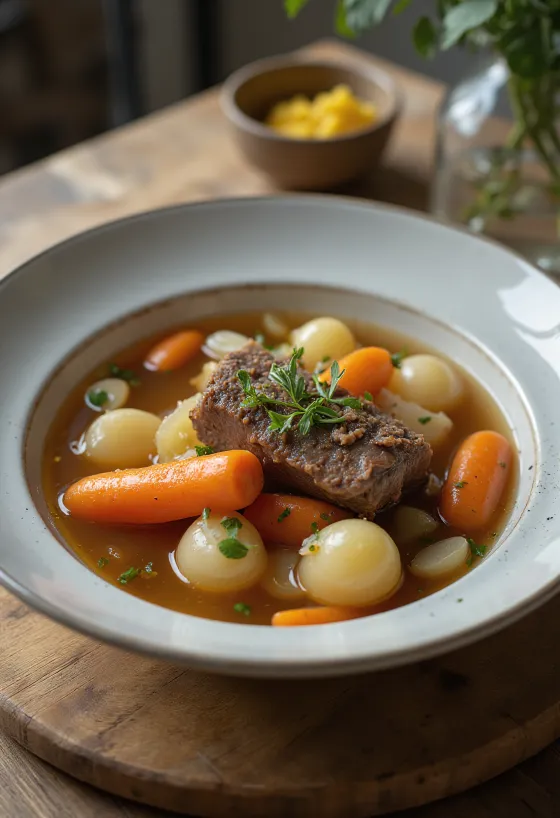 Pot-au-feu, traditionell fransk köttsoppa med grönsaker
