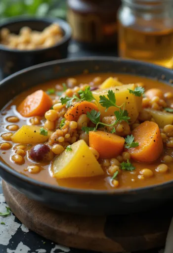 Sambar med blandade grönsaker serverad med ris och grönsakstillbehör