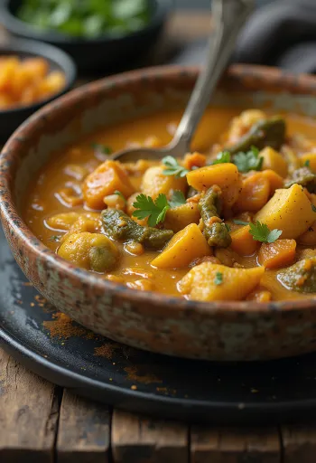 Vegansk curry med saftiga grönsaker dekorerad med färsk koriander