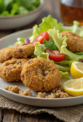 Panerade champinjoner serverade med fräsch sallad