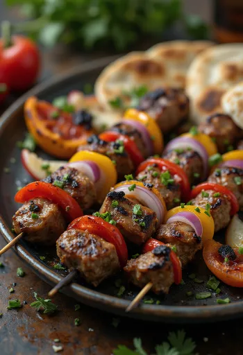 Shish kebab grillat kött och grönsaker på spett