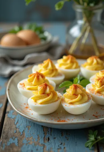 Fyllda ägg dekorerade med färska örter och paprika