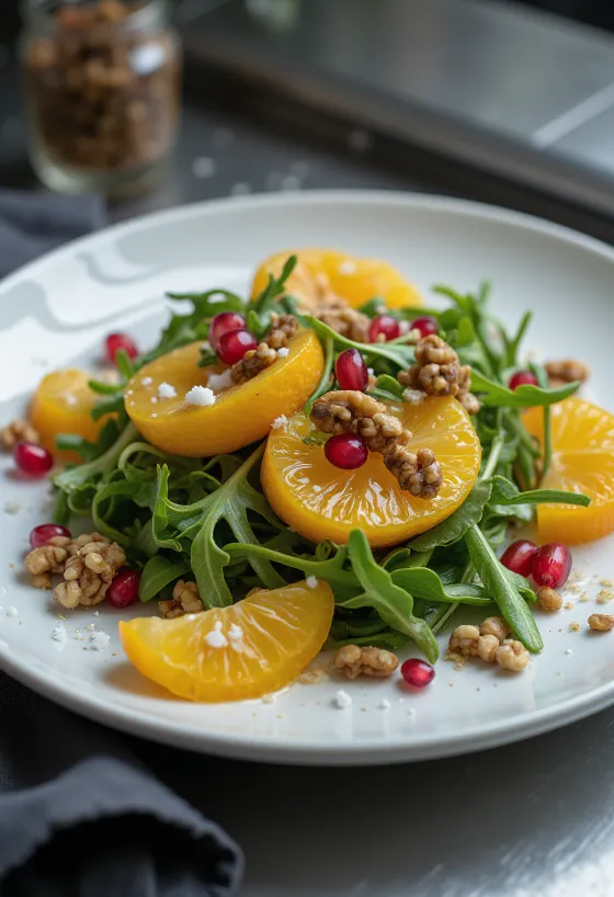 Vegansk apelsinsallad med valnötter serverad