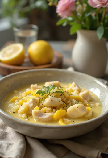 Avgolemono med vitlök serverad med färsk persilja