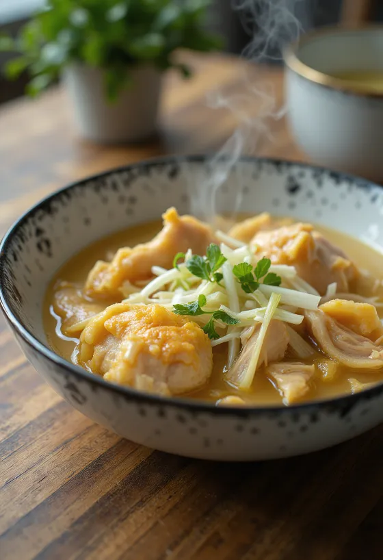 Kyckling-Sujebi, koreansk nudelsoppa med kyckling och purjolök