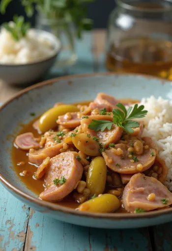 Slaktargryta tillagad med saftigt fläskkött, rökt korv och saltgurka.