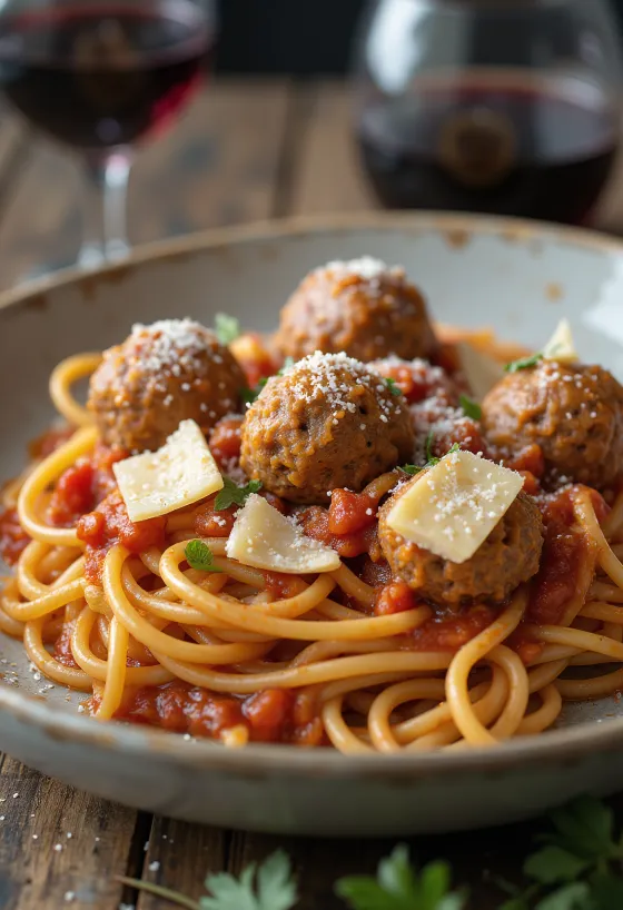 Köttbullar med spaghetti i tomatsås
