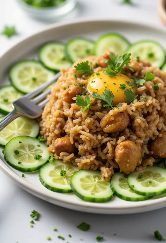 Nasi goreng med gurka, serverad med rika kryddor och färsk gurka