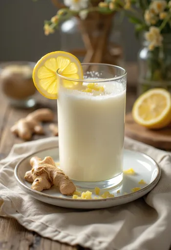 Probiotisk kefir med vitt te och ingefära, serverad med färsk citron