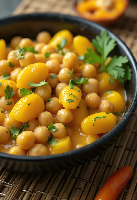 Ackee och kikärtor i en skål, serverad med grönsaker och kokosmjölk