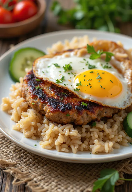 Cơm tấm med ägg och köttfärsbiffar, serverad med färsk koriander