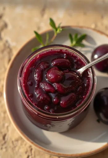 Sötsur plommonsås serverad till grillat kött