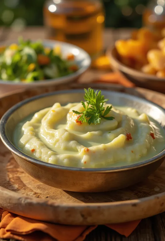 Mynta- och yoghurtchutney serverad med grillade grönsaker