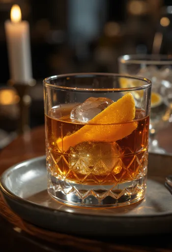 Old Fashioned cocktail dekorerad med apelsinskal