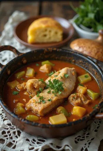 Alligatorgryta serverad med färskt bröd.