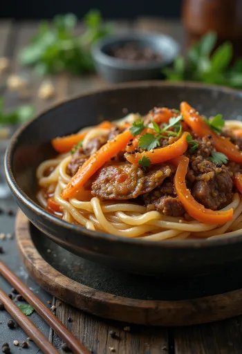 Lagman med nötkött serverad med färska grönsaker i rik sojasåsbouillon
