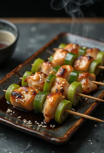 Negima yakitori kyckling och salladslök på spett, serverad med sesamfrön och färsk salladslök