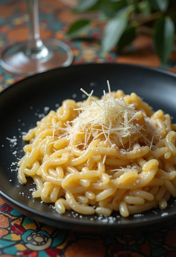 Italiensk risotto med krämig konsistens, dekorerad med ost och kryddor