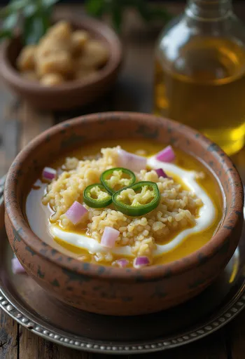 Panta bhat serverad med yoghurt, toppad med grön chili och senapsolja