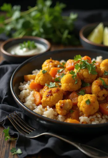 Vegansk blomkålscurry i ugn serverad