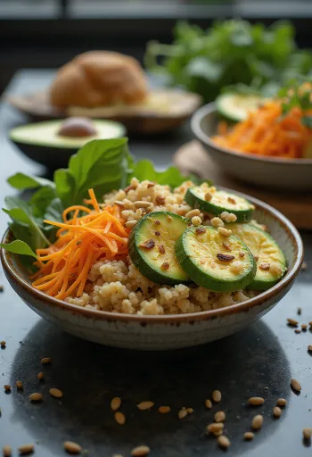 Buddha bowl med avokado och zucchini serverad