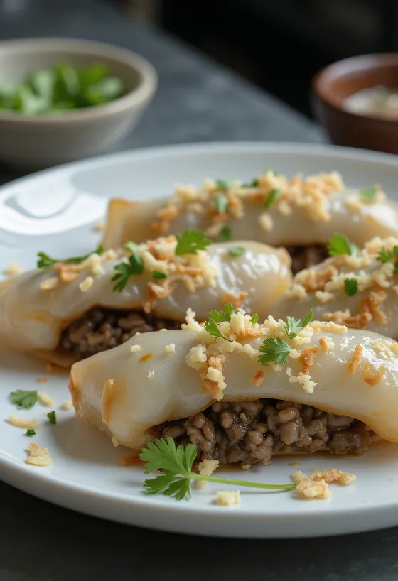Bánh cuốn med fläskkött serverad med koriander och fisksåsdipp