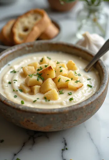 Krämig vitlökssoppa med rostade brödtärningar och färsk persilja.