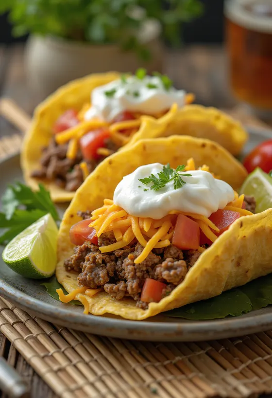 Tacos med köttfärs serverade med grönsaker och ost