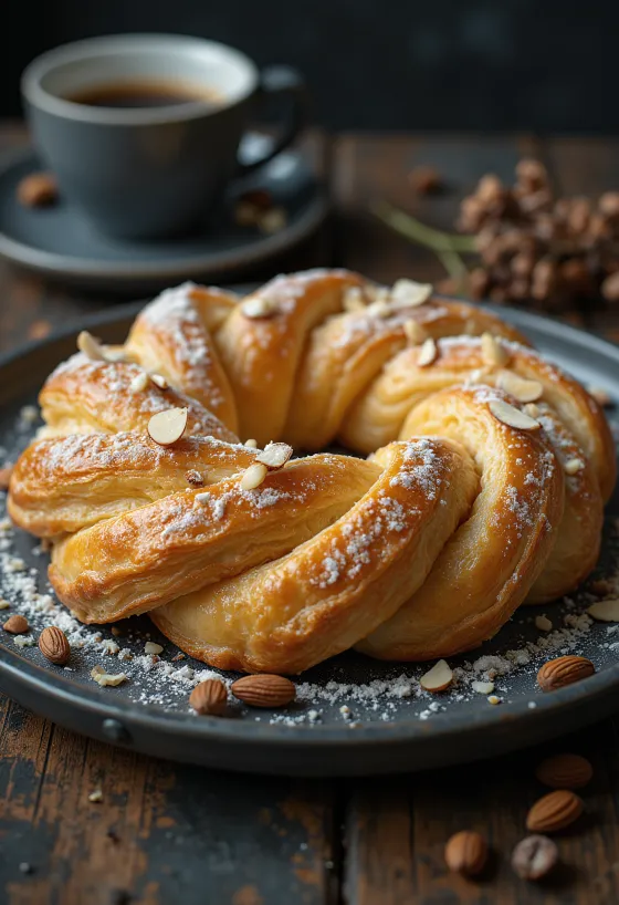 Kringle med mandelmassafyllning i flätad kransform, gräddad gyllenbrun