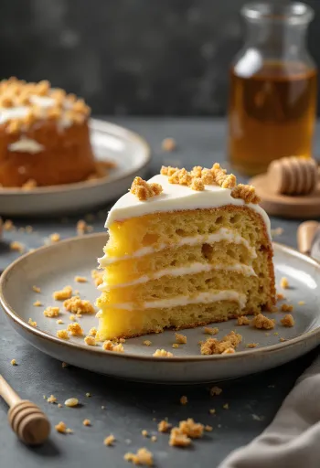 Rysk honungstårta med lager av kräm och dekorerad med kaksmulor