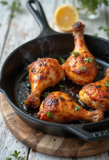 Pikant kryddade stekta kycklingklubbor serverade med färska grönsaker.