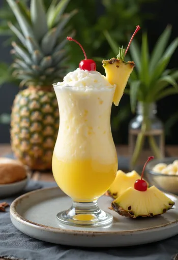 Piña Colada dekorerad med färsk ananas och cocktailkörsbär