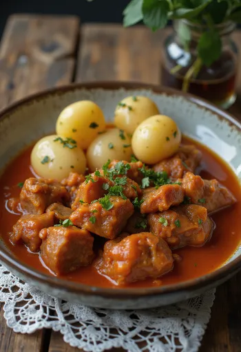 Pörkölt med fårkött serverad med färskt bröd och syrade grönsaker