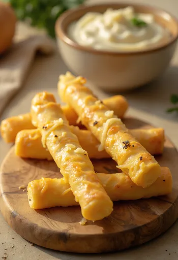 Krispiga oststänger gräddade gyllenbruna, rikligt strödda med riven ost