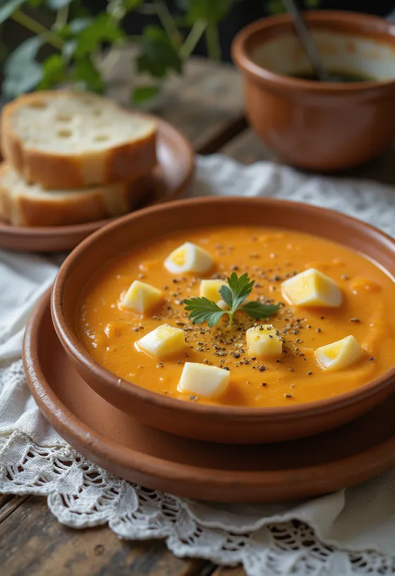 Salmorejo med kokt ägg, serverad med färsk koriander