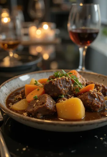 Antilopgryta serverad i en rustik skål.