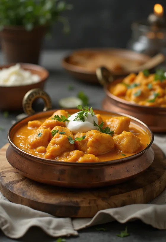 Chicken Makhani, indisk smörsåskyckling dekorerad med färsk koriander