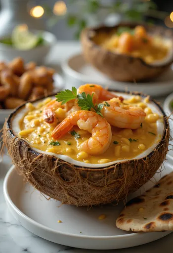 Daab Chingri räkor med garam masala, serverade med kokosmjölk och färsk koriander