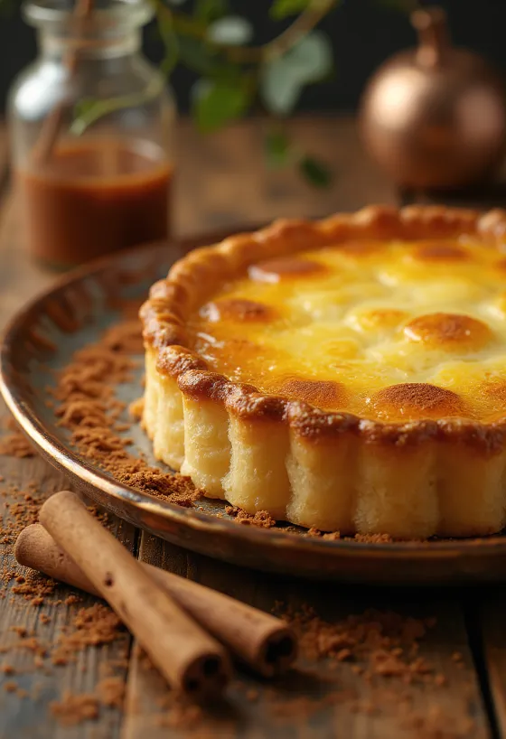 Portugisisk pastel de nata-tårta med gyllenbrun topp och fylld med vaniljkräm