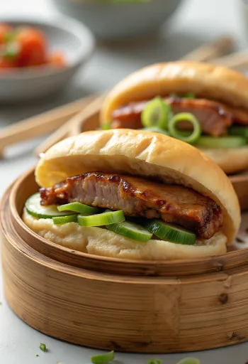 Bao bun med krispig anka serverad på träbräda