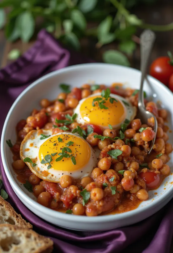 Vegansk auberginegratäng med kikärtor serverad