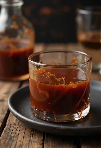 Bourbon BBQ-sås i en skål, med färska kryddor och grillat kött i bakgrunden.