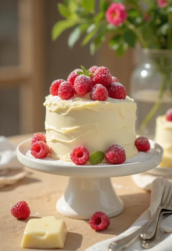 Vitchokladtårta dekorerad med hallon